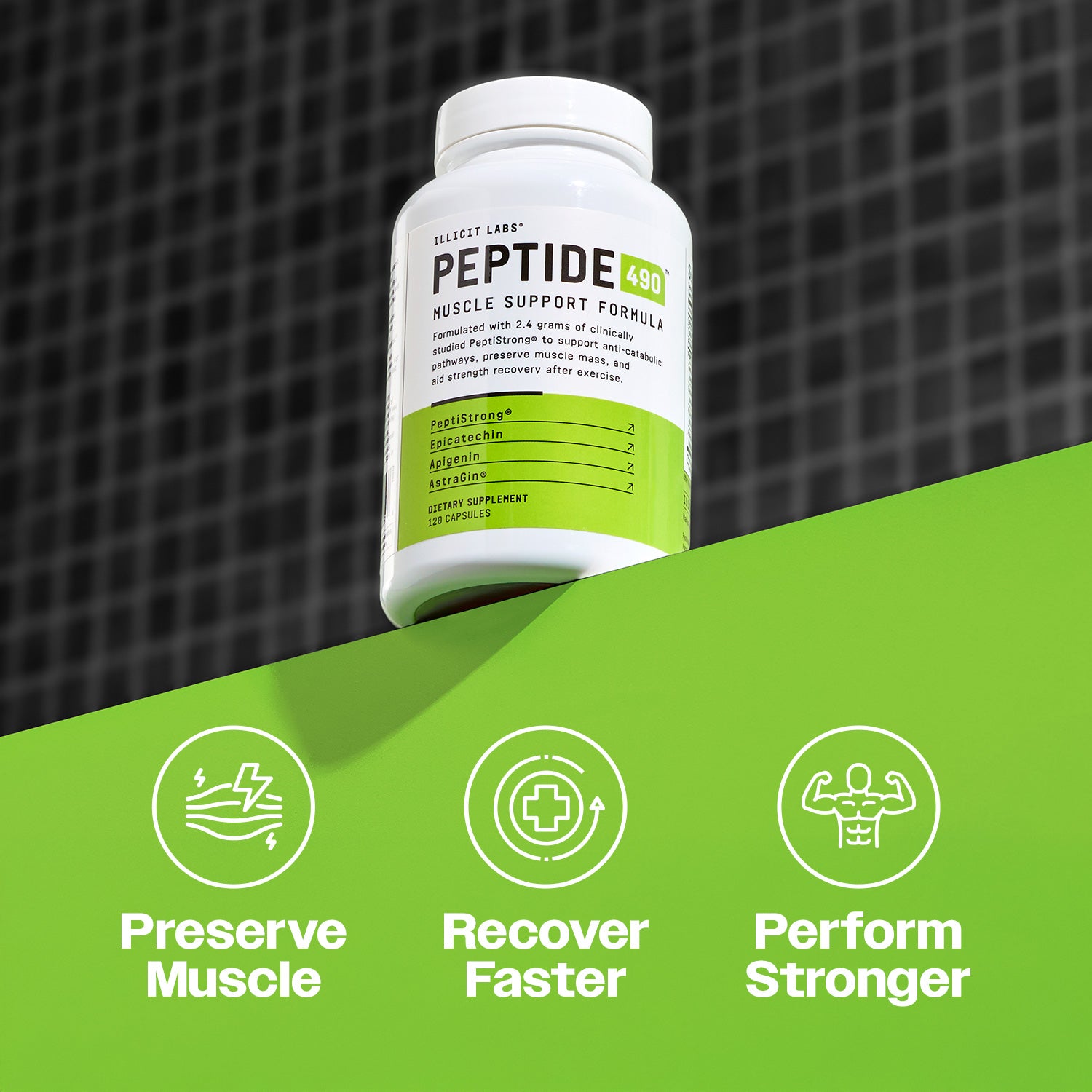 Image of Peptide 490 bottle on shelf with icons that say Preserve muscle. Recover faster. Perform Stronger.